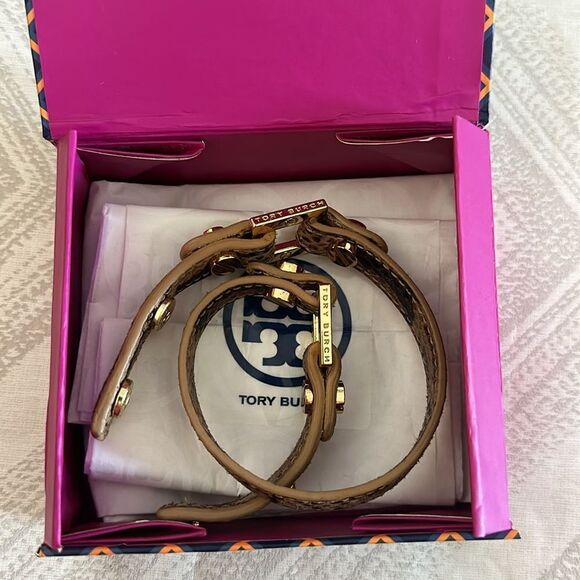 Tory Burch Brown/Tan Animal Print Leather w/ Gold Grommets Double Wrap Bracelet - Picture 5 of 8